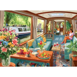 500 Piece Puzzle for Adults, Cozy Canal Boat Jigsaw Puzzle, Scenic Riverside Cabin Interior Artwork, Eco-Friendly Recycled Cardboard, Challenging Family Puzzle Gift for Birthday Holidays, 20.5 x 15 in