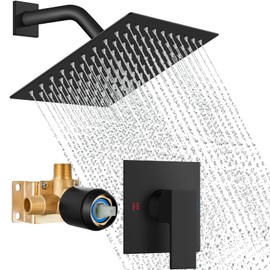 Cinwiny Matte Black Shower Faucet Set with 8 Inch Square Single Function Rainfall Showerhead Shower Single Function Shower Trim Kit with Male Thread Rough-in Valve One Handle Shower System