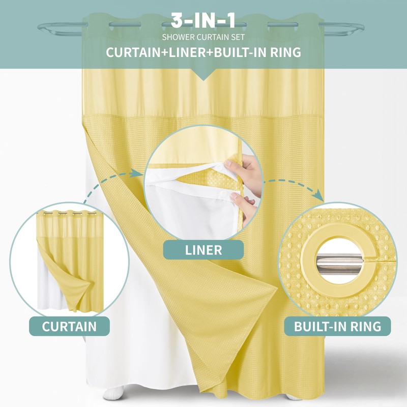 eachope Yellow No Hook Waffle Weave Shower Curtain with snap-in