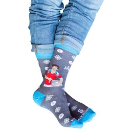 Sock Religious The Eucharist Is The Highway To Heaven Blessed Carlo Acutist Grey Blue Trim Men's and Women's One Size Fits Most Polyester Blend Catholic Inspirational Fun Crew Socks, Adult