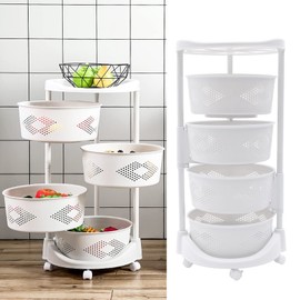 DYRABREST Multi-Layer Kitchen Storage Rack,4 Tier Rotating Vegetable Organizer w/Lockable Casters,Floor-Standing Storage Rack,Household Storage Rack for Home Kitchen Bathroom Salon,White (4-Tier)