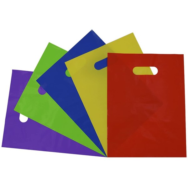 50 Pcs. Plastic Merchandise Shopping Bags with Handles, Assorted Neon Colorful Bags 1.25 Mil for Retail, Boutiques, Small Business, Party Favors, Gifts, Goodies, Treats, Thank You, Small, Bulk – 9x12
