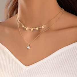 Inilbran Boho Layered Crystal Star Necklace Choker Gold Rhinestone Star Choker Necklace Tiny Star Chain Necklace Vintage CZ Paved Star Pendant Necklace Jewellery for Women, Zinc