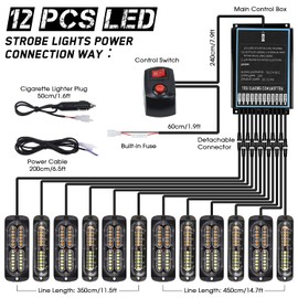 LINKITOM 12pcs Ultra Slim Sync Feature Surface Mount LED Emergency Beacon Hazard Warning Flashing Strobe Lights with Waterproof Controller and Long Heavy Cable for Car Truck Vehicle, Amber/White