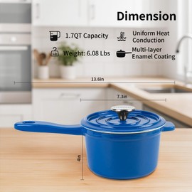 Enameled Cast Iron Sauce Pan with Lid, 1.7 Quart Saucepan with Lid, Small Dutch Oven Pot, Suitable for Small Portions of Soup, Sauces, Oatmeal, Blue