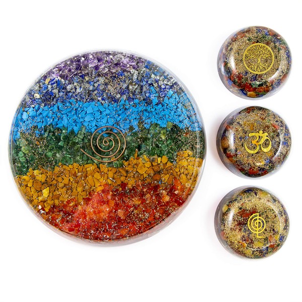 Charged Chakra Orgone Combo Set LARGE 6 3/4 inch Round Vaastu Plate and 3 Dome Disks with Reiki Tree, Choko Reiki and OM symbols 2 1/2 inches Gemstones Copper Metal Mix Reiki Chakra