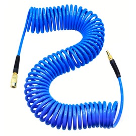 YOTOO Polyurethane Recoil Air Hose 1/4" Inner Diameter by 50' Long with Bend Restrictor, 1/4" Industrial Quick Coupler and Plug, Blue