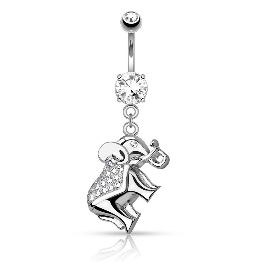 Body Accentz Belly Button Ring Navel CZ Paved Elephant Dangle 316L Surgical Steel