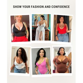 FeelinGirl Black Body Suits for Womens Bodysuits Shapewear Deep V Neck Plus Size Tops