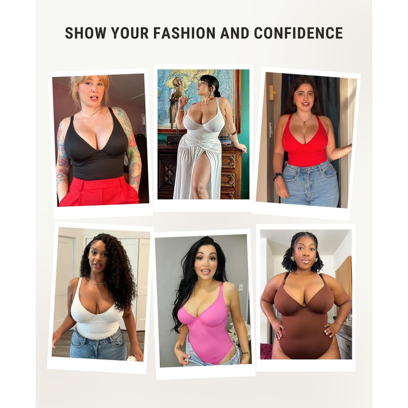 FeelinGirl Black Body Suits for Womens Bodysuits Shapewear Deep V