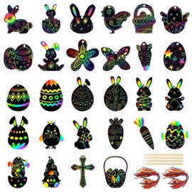56 Sets Easter Scratch Papers, Rainbow Easter Scratch Art Crafts Set, Funny Easter Bunny Egg Carrot Shape Scratch Art Papers Scratch Off Cards for Easter Ornaments Party Favors