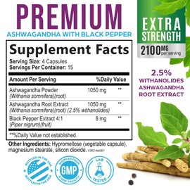 Ashwagandha Supplements 2100mg - 3X Strength Ashwagandha Powder & Root Extract with Black Pepper for Max Absorption, Antioxidant Supplements for Women & Men, Vegan, Bottled in USA - 60 Capsules