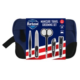 Barbasol Deluxe Grooming Kit, 6 Piece Travel Sized Stainless Steel Grooming Kit, Includes Nail Clipper, Toenail Clipper, Nail File, Tweezers, Safety Cuticle Scissors, and Travel Case, Black
