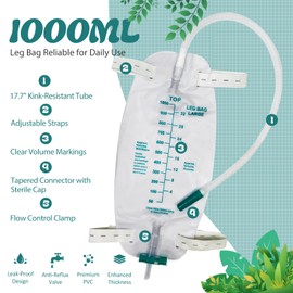 1000ml Leg Bag Urinary Drainage Bags, 5-Pack with Adjustable Shoulder Straps, Leak-Proof, Anti-Reflux, 17.7-inch Elastic Tube with Self-Sealing Valve, Comfortable and Durable,Green