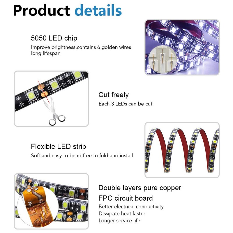 ALITOVE 16.4ft White LED Strip Flexible Ribbon Light Black PCB