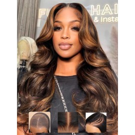 Julia Hair Bye Bye Knots Glueless Wig Highlight Balayage Brown Body Wave 7x5 Pre Cut HD Lace Front Wigs Human Hair Pre Plucked Bleached Knots Pre Everything Ready To Go Ombre Wig 22 Inch