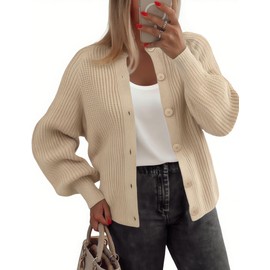 Zeagoo 2025 Cardigan Sweaters for Women Long Sleeve Chunky Knit Cardigan Crew Neck Button Down Fall Fashion Apricot Clothe