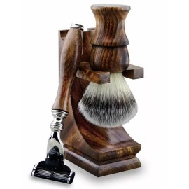 Harry’s London 3PC Wood Shaving Set Kit Men Shave Brush 3 Edge Blades Cartridge Razor Stand