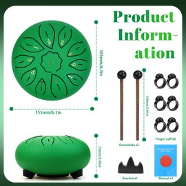 Tongue Drum Steel Tongue Drum 11 Tones Handpan Instrument Steel Tongue Drum Mini Pan Drum Percussion 6 Inch Steel Tongue with Mallets for Meditation Yoga (Green)