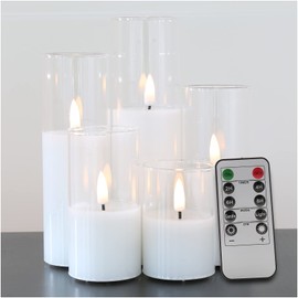Girimax Clear Glass Flameless Candles with Remote, Flickering LED Votive Pillar Candles Battery Operated Slim Tall Candles Φ 2" H 3" 4" 5" 6" 7"