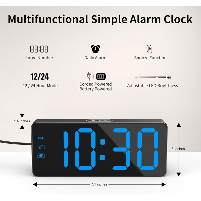 KWANWA Digital Alarm Clock with Large LED Display - Adjustable
