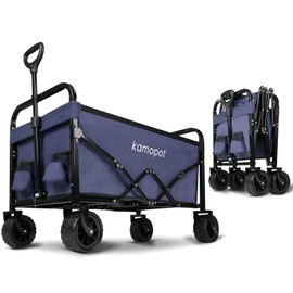Kamopot Collapsible Wagon Cart, Foldable Beach Wagon, Folding Wagon for Sand, Grocery/Beach/Garden Cart. 220lb Heavy Duty with Cupholders & Big DIY Wheels (Dark Blue)