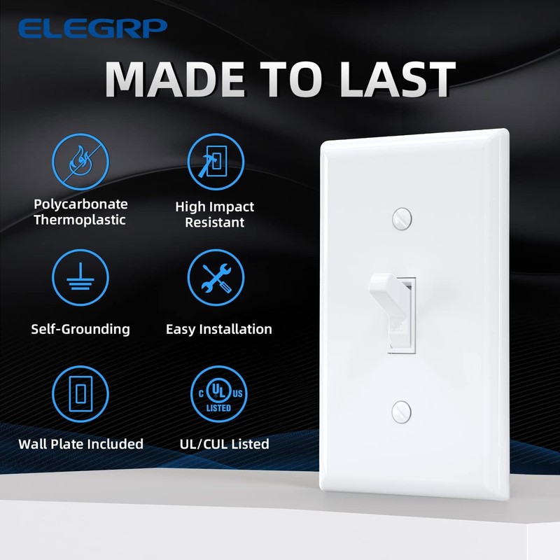 ELEGRP Single Pole Toggle Light Switch with Plate, 15 Amp,