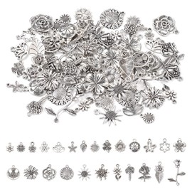 KISSITTY 100pcs Tibetan Style Flower Charms for Jewelry Making Metal Silver Floral Charms Dangle Pendants for Bracelets Earrings Necklaces Crafts Ornaments for Women