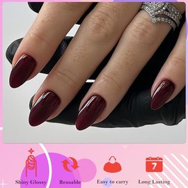 AddFavor Almond Press-on Nails, 360pcs Burgundy Short Plastic False Nails Set with Glue Adhesive Tabs, Glossy Finish for Women and Girls