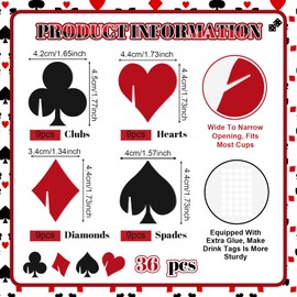 Yungyan 36 Pcs Casino Party Decorations Poker Wine Glass Charms Las Vegas Acrylic Diamonds Spades Clubs Hearts Drink Markers Drink Garnish for Game Night Dice Vegas Party Supplies(Casino Poker)