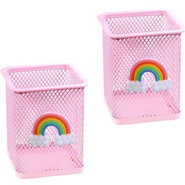 Roysmart Pack of 2 Children's Pencil Holders, Metal Pen Holder with Rainbow Pen Holder, Pen Holder Desk for Office Supplies, Girls, Birthday Gift (Pink)