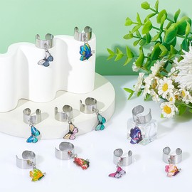 UNICRAFTALE 10Pcs 10 Styles Stainless Steel Charm Ring Women's Ring Adjustable Rings with Butterfly Charms Ring with Pendants Open Finger Rings for New Year Christmas Gifts