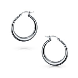 Simple Plain Circle Crescent Tapered Tube Hollow Puff Tube Round Hoop Earrings For Women .925 Sterling Silver Hinged Notched Post 1.25 Inch Diameter