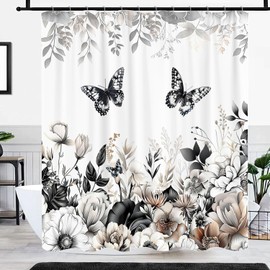GOAOK - Cortina de ducha con diseño bohemio, diseño floral, diseño rústico de flores oscuras, diseño de mariposas, diseño clásico de hojas botánicas, color gris, decoración de 72 x 78 pulgadas con