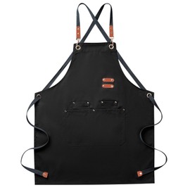 EWIZ Cotton Canvas Apron with 4 Pockets and Adjustable Cross Back Straps, Cooking Aprons for Men or Women Chef Waiters Artists Barista Bartender BBQ Aprons (M,Black)
