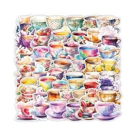 50PCS Watercolor Tea Cup Stickers for Skateboard,Water Bottle,Notebook,Bumper,Scrapbook,Suitcase,Laptop,Trendy Cup Waterproof Vinyl Sticker,Girls Teens Sticker,Kawaii Aesthetic Graffiti Sticker