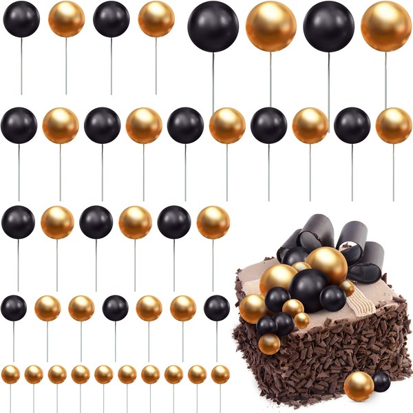 66 Pièces Toppers de Gâteaux de Mini Ballon Pics à Gâteau de Boule Décoration de Topper de Cupcake de Fausses Perles Topper Insert de Gâteau Bricolage pour Anniversaire (Or, Noir)