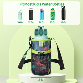 BrainyBees Mesh Water Bottle Carrier for Kids - Water Bottle Holder with Strap, Boys Water Bottle Sling Bag for 10/12/14/16/18Oz Water Bottles Walking Hiking Camping, Black Dinosaur