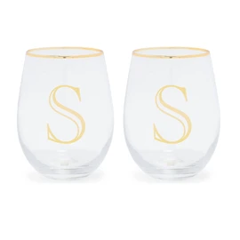 Mary Square Monogrammed S Gold Foil 16 ounce Glass Stemless Wine Glass Set of 2