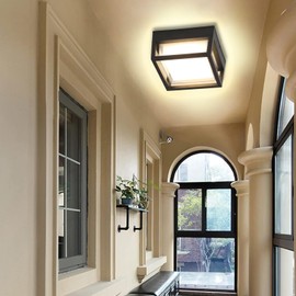 Outdoor Ceiling Porch Light LED Flush Mount for Wall or Ceiling, Square Exterior Wall Lamp for Patio Balcony Terrace, 3000K Warm Color, 125w Equivalent, Black, Wet Location, Small 6.3"x6.3"x4.3"