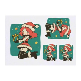 4 x 'Cute Christmas Girl with Gift' Temporary Tattoos - Water Resistant, Skin-Safe, Non-Toxic Transfers, Mixed Sizes (TO00085652)
