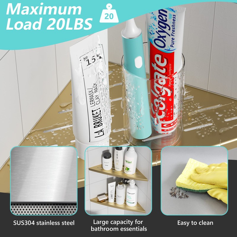 Qeke Corner Shower Shelf Brushed Golden, 304 Stainless Steel 11.5”