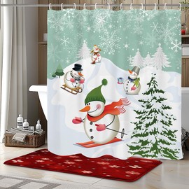 OVZME Snowman Shower Curtain New Year Holiday Bathroom Decor, Christmas Tree Shower Curtains for Christmas Kid's Bathroom, 72" W x 72" L