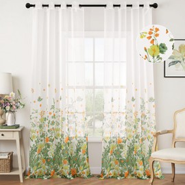 Woaboy Curtains, Green Voile Floral Pattern Curtains with Eyelets, Living Room, Transparent Eyelet Curtain, Sheer Voile Curtains for Bedroom, Set of 2, 140 x 245 cm (W x H)