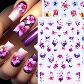 4 Sheets Colorful Flower Nail Stickers for Nail Art - WLGDLH Spring Summer Nail Art Stickers 3D Self-Adhesive Floral Leave Cranes Nail Decals Manicure Supplies for Women DIY Decoration