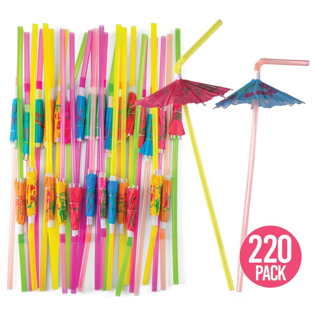 Prextex Umbrella Drinking Straws - Bulk Pack of 220 Assorted Color Bendable Party Straws with Parasol Detail for Party Drinkware and Decoration