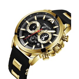 MEGALITH Watches Mens Stylish Wristwatch: Black Large Face Analogue - Chronograph Waterproof Rubber Wristwatch Gent