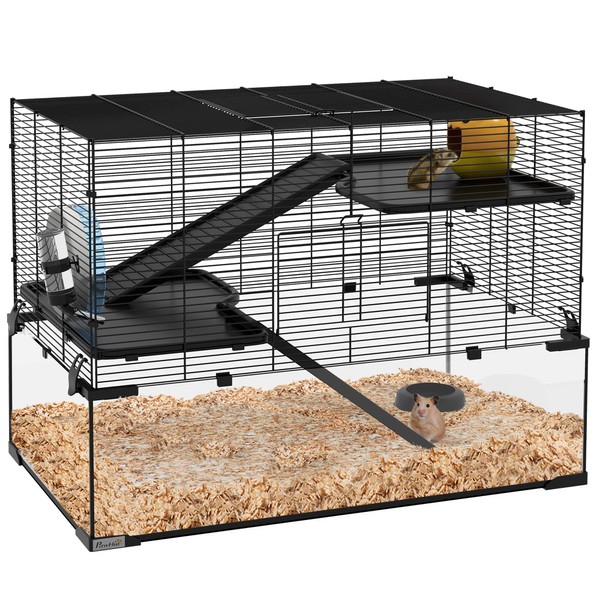 PawHut Hamster Cage, 31" Gerbil Cage with Glass Basin, Ramps,