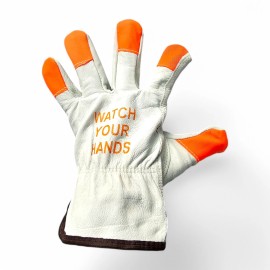 MCR SAFETY 1 Dozen Work Gloves CV Grade Cow Grain Leather Watch Your Hands Logo with Orange - SMALL