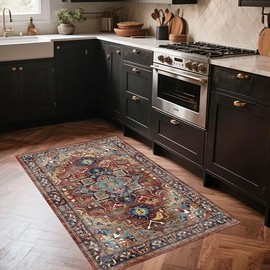 4x6 Washable Area Rug for Living Room, Bedroom & Dining Room - Non-Slip Durable Vintage Retro Carpet with Stain Resistant Easy Clean, Kid & Pet Friendly (Brown/Navy)